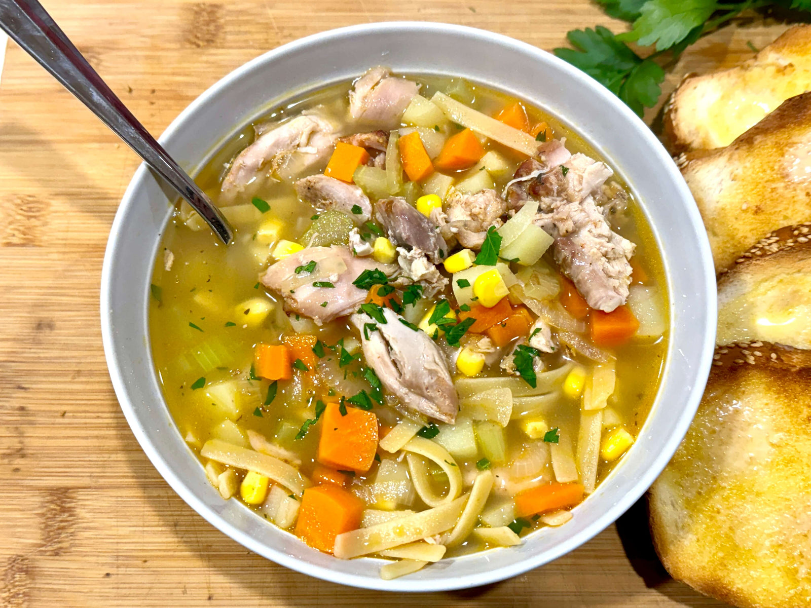 20min Hearty Pulled Chicken Noodle Soup