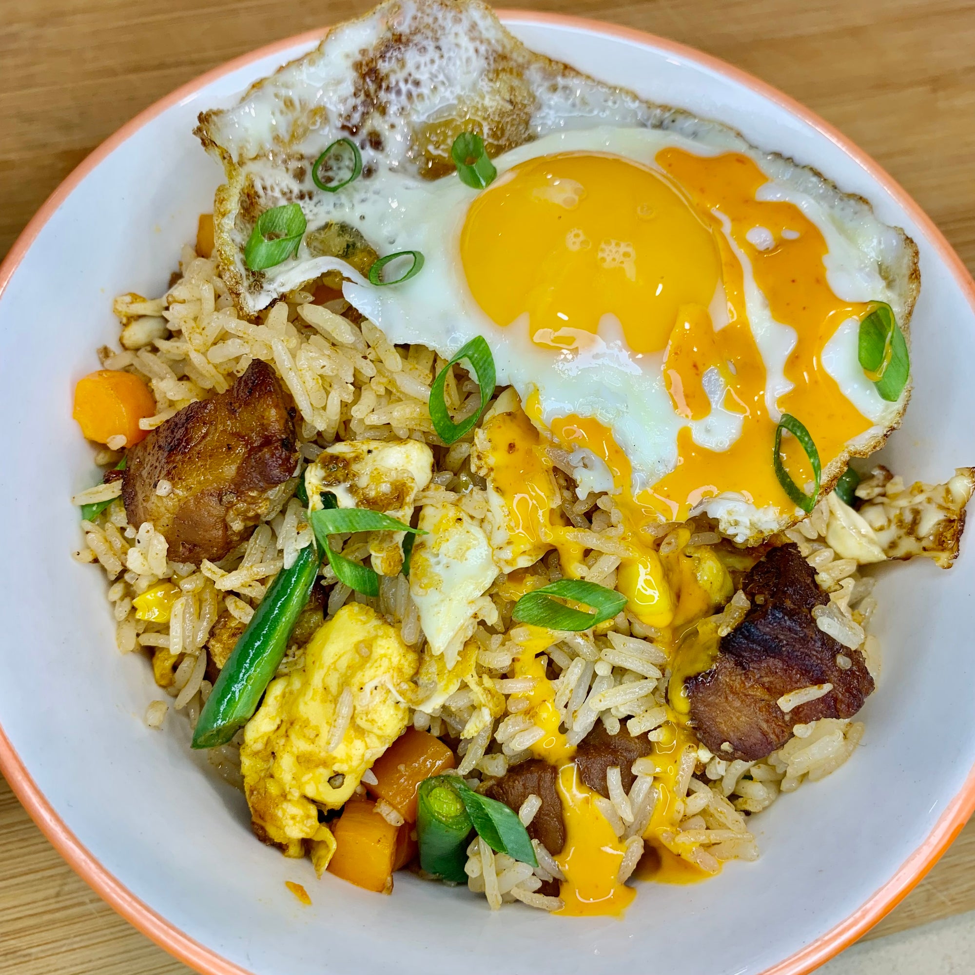 Pork Belly Bits Easy Fried Rice with Sriracha Mayo Fried Egg Topper