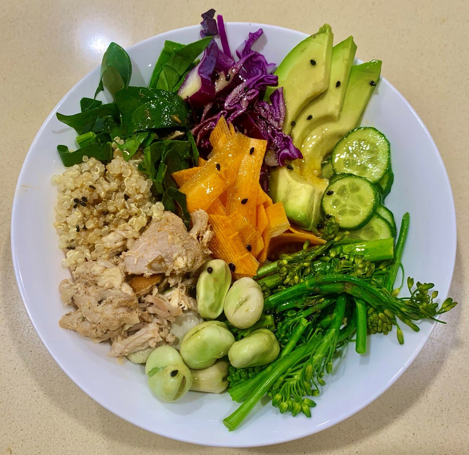 Green Buddha Bowl with Pulled Chicken & Asian Dressing (Plant-based options available)