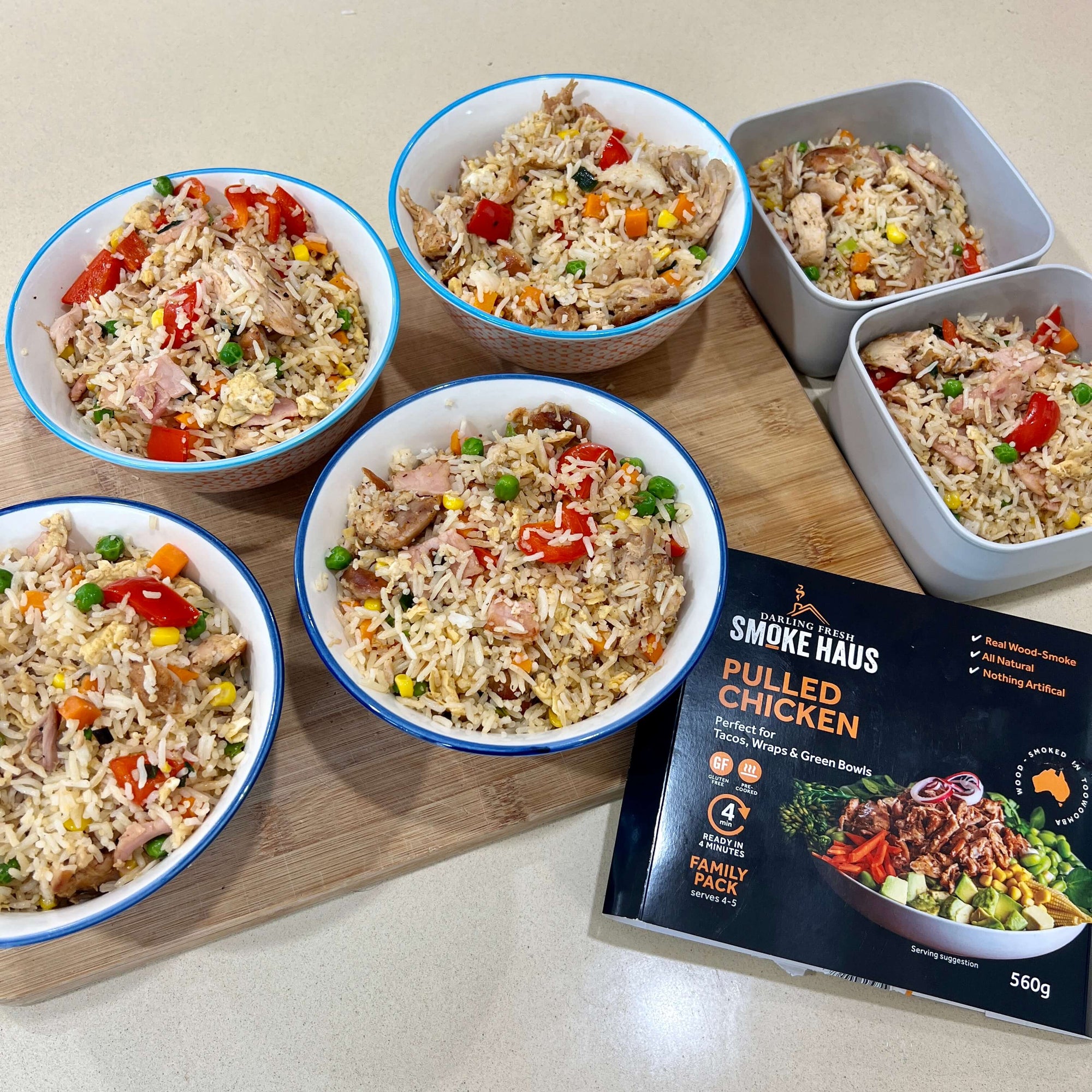 Pulled Chicken Fried Rice: Dinner plus 6 lunches at $3.65 per serve!